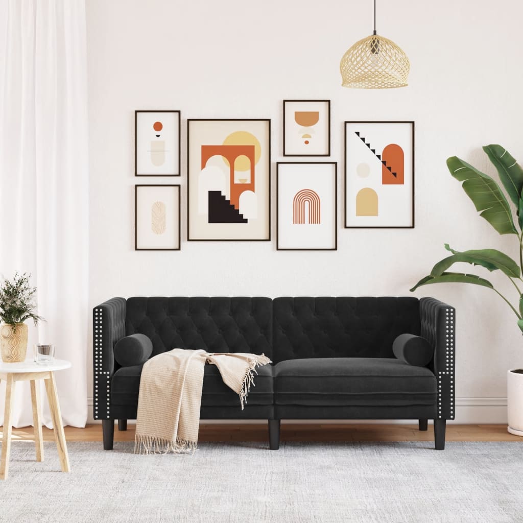 Canapé Chesterfield avec traversins 2 places velours noir