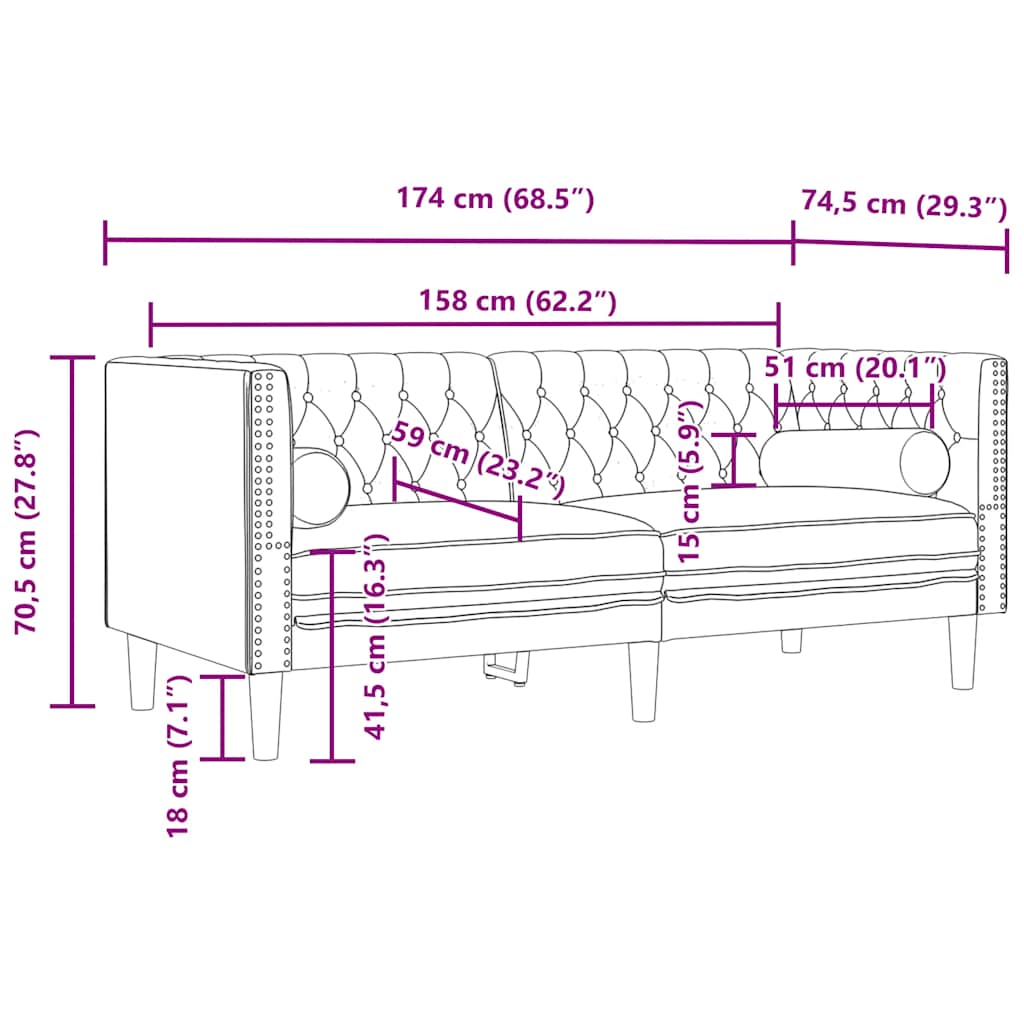 Chesterfield-Sofa mit Nackenrollen 2-Sitzer Schwarz Samt