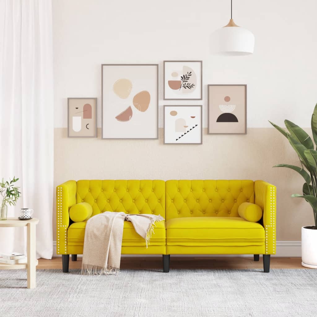 Canapé Chesterfield avec traversins 2 places en velours jaune