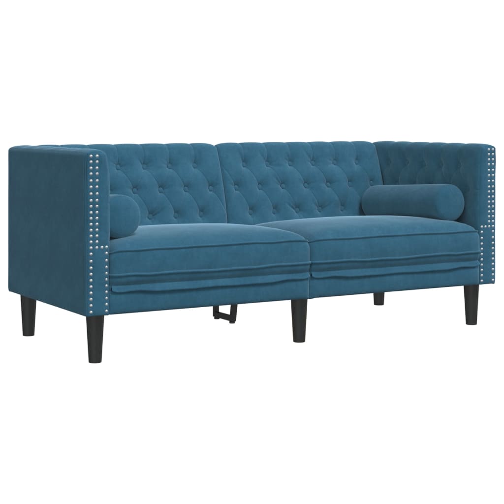 Canapé Chesterfield avec traversins 2 places en velours bleu
