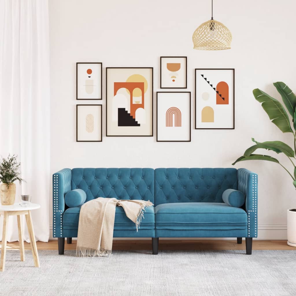 Canapé Chesterfield avec traversins 2 places en velours bleu