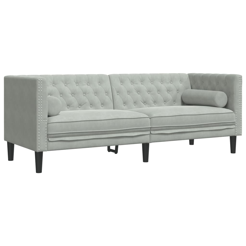 Canapé Chesterfield avec traversins 3 places velours gris clair