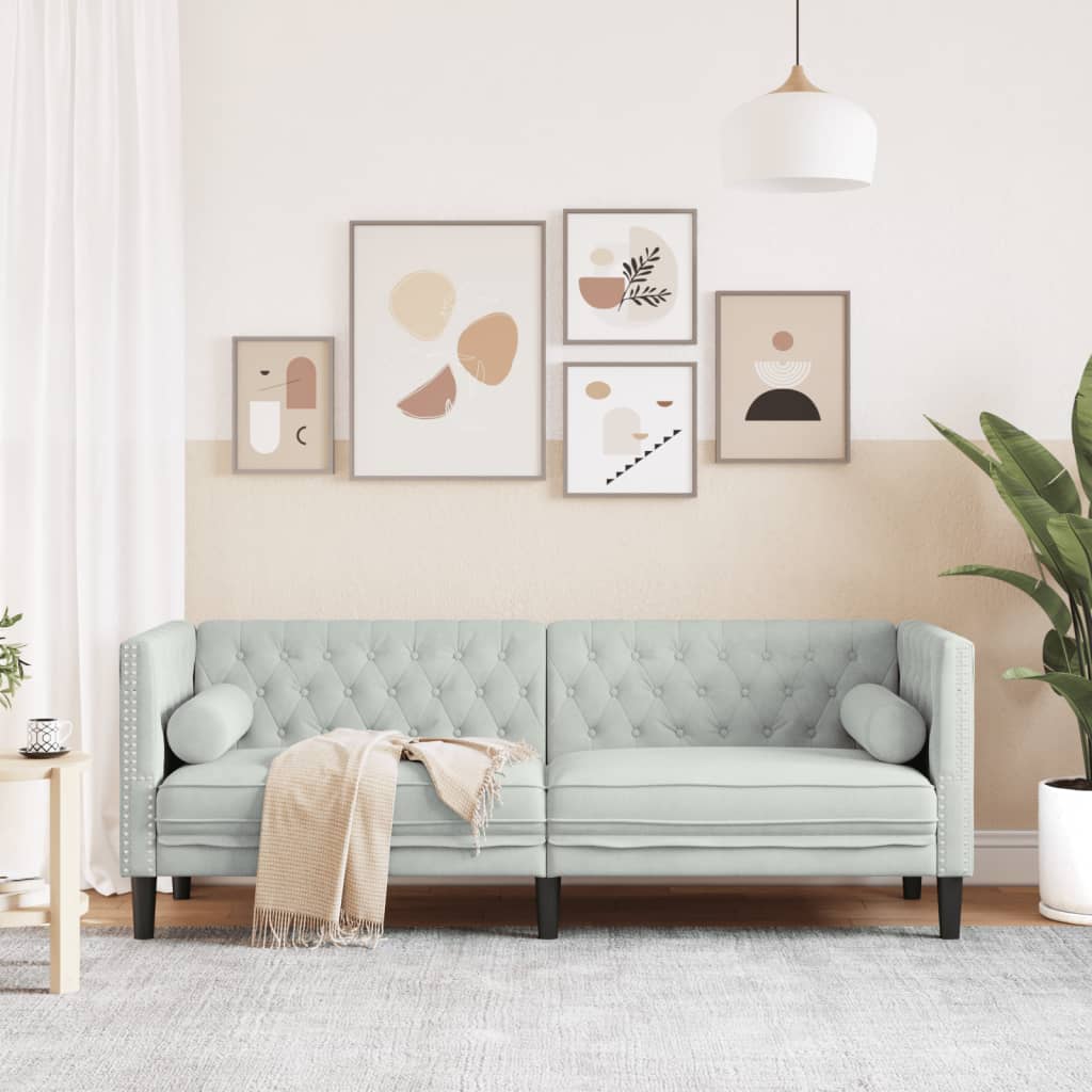 Canapé Chesterfield avec traversins 3 places velours gris clair