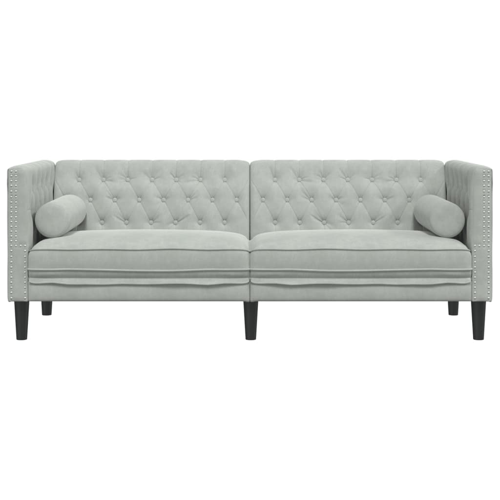 Canapé Chesterfield avec traversins 3 places velours gris clair