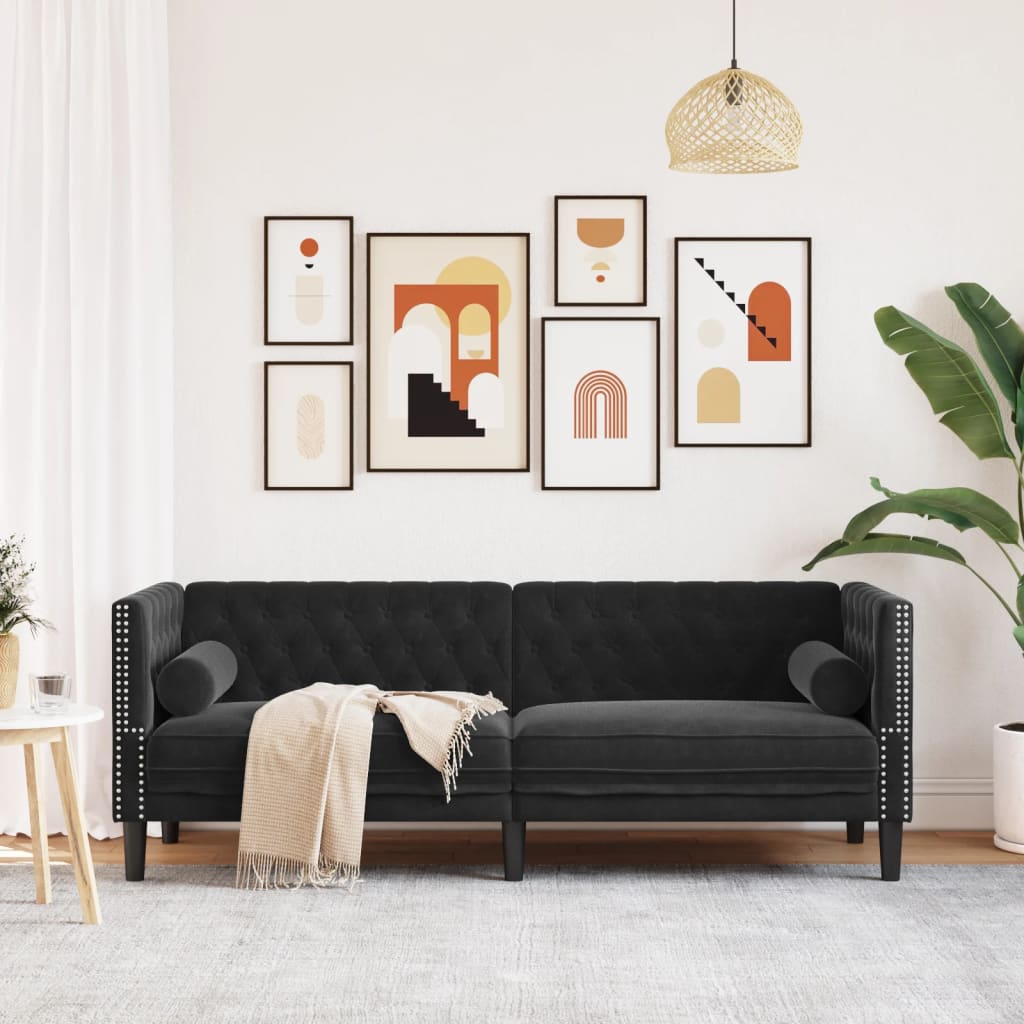 Canapé Chesterfield avec traversins 3 places en velours noir