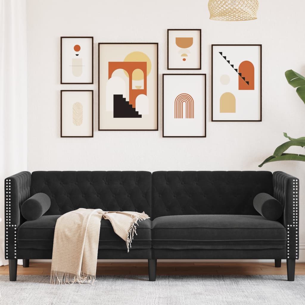 Canapé Chesterfield avec traversins 3 places en velours noir