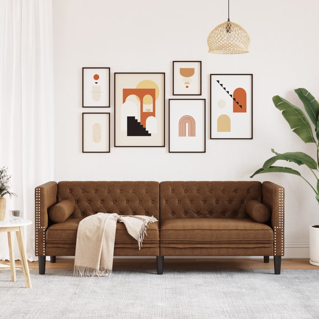Chesterfield sofa 3-seater brown faux leather in suede look