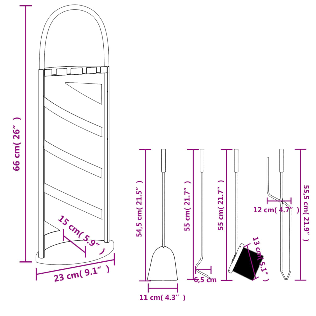 5-piece fireplace tool set 23x15x66 cm steel