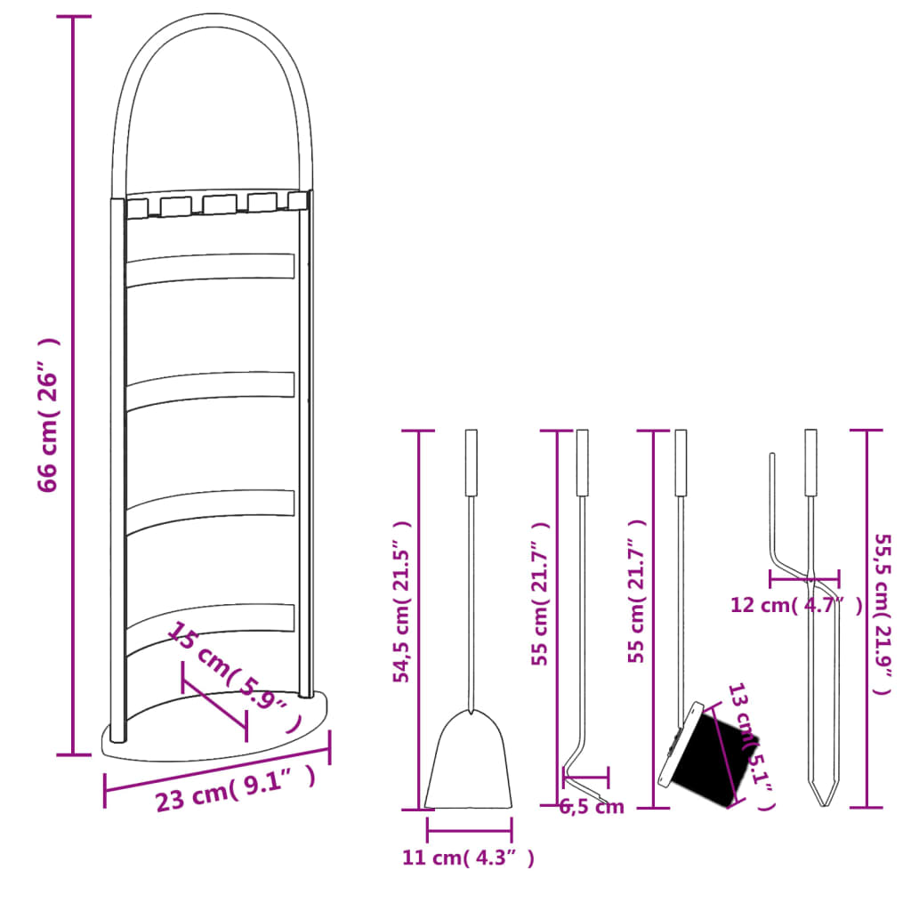 5-piece fireplace tool set 23x15x66 cm steel