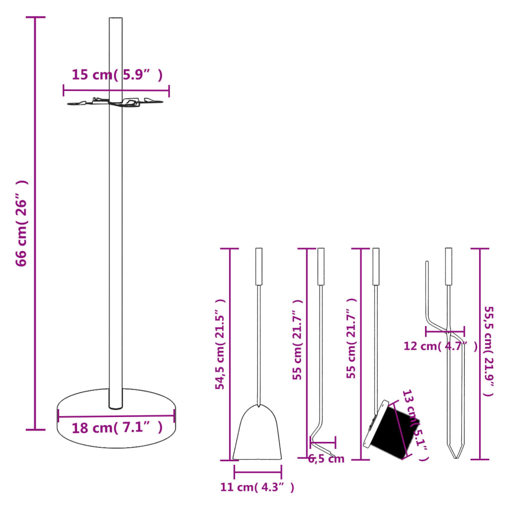 5-teiliges Kaminbesteck-Set 18 x 66 cm Stahl