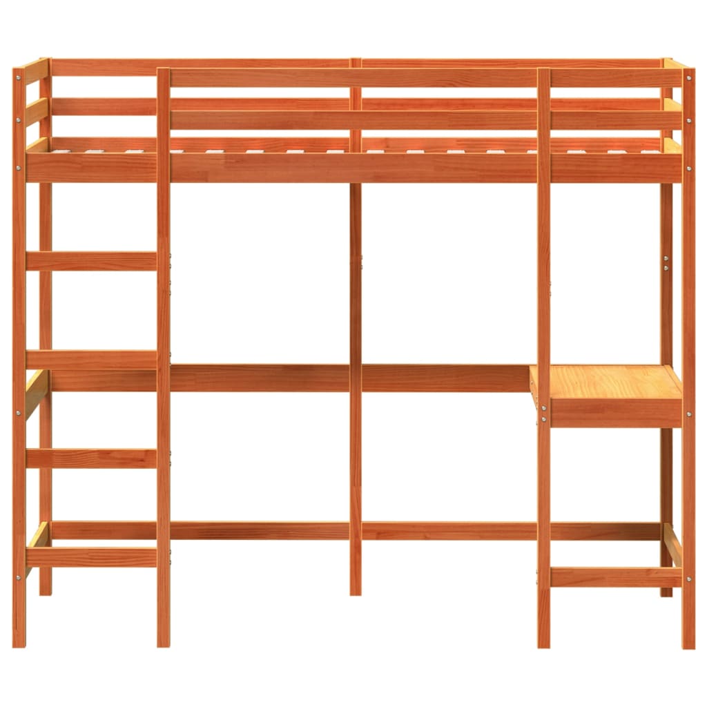 Loft bed with desk wax brown 75x190cm solid pine wood