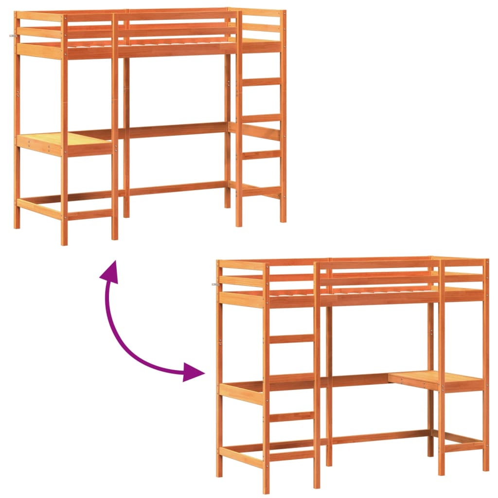 Loft bed with desk wax brown 75x190cm solid pine wood