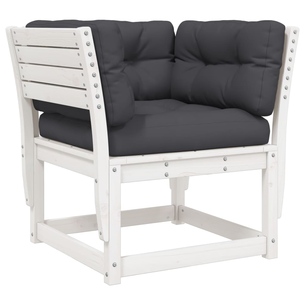 Garden sofa with armrests and cushions white solid pine