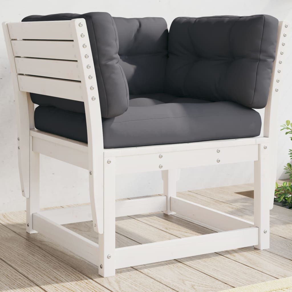 Garden sofa with armrests and cushions white solid pine