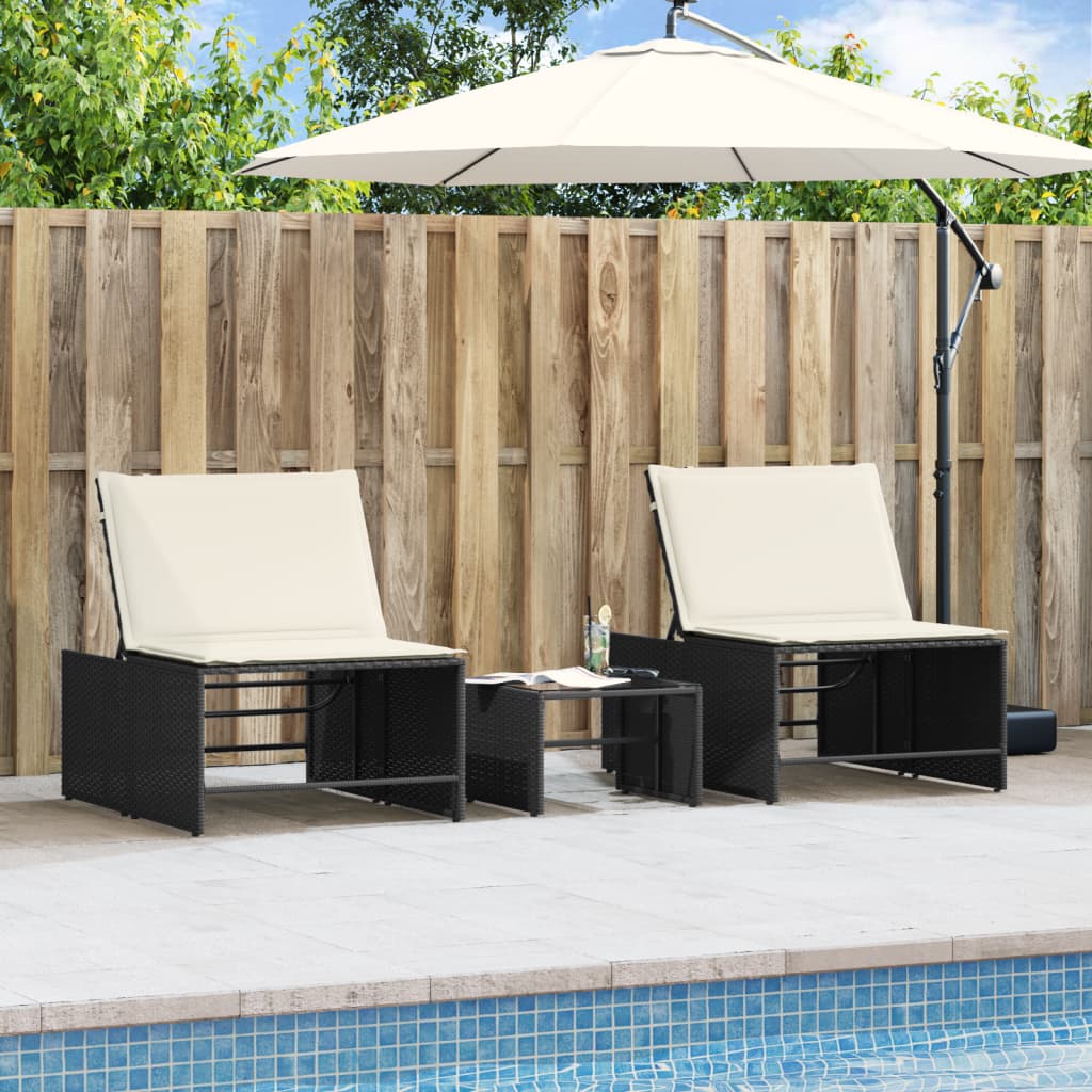 Sun loungers 2 pieces with table black poly rattan