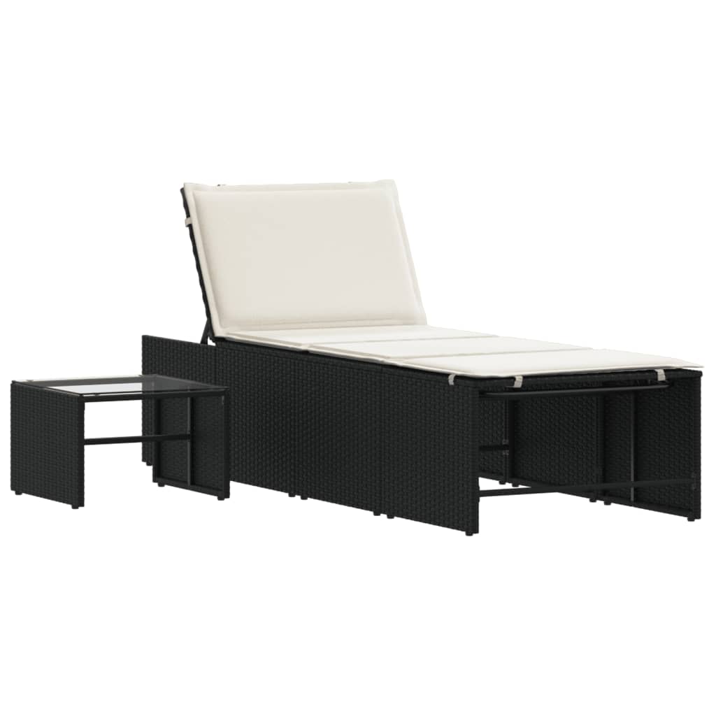 Sun loungers 2 pieces with table black poly rattan
