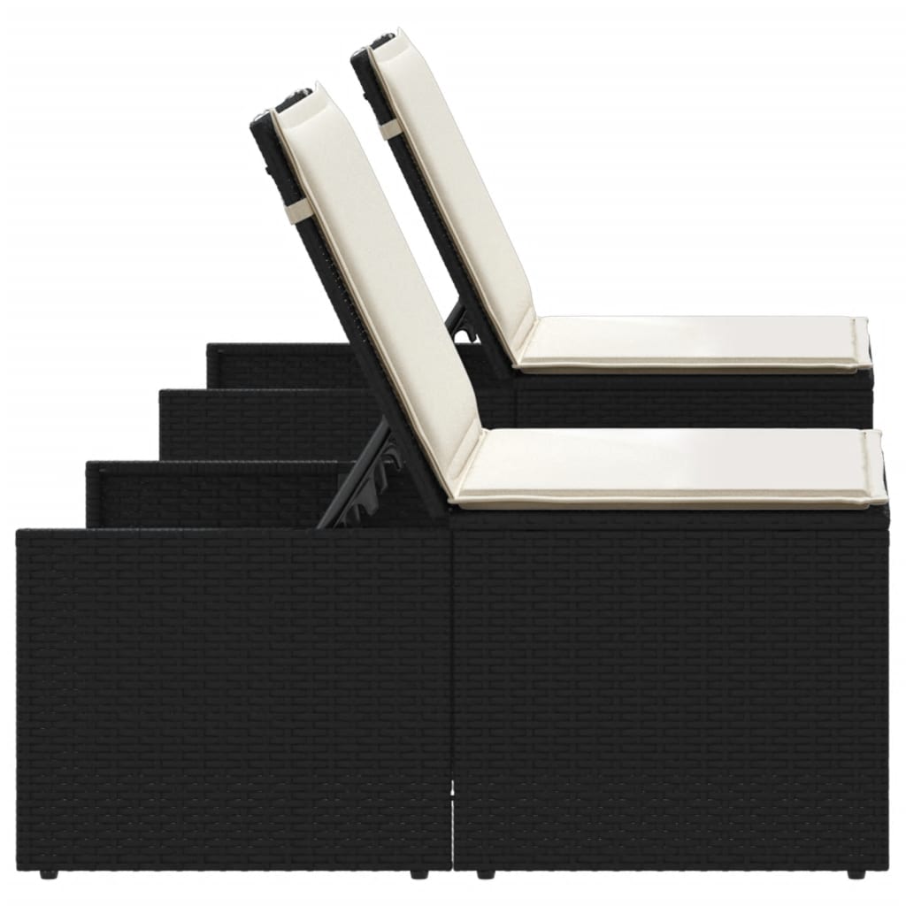 Sun loungers 2 pieces with table black poly rattan