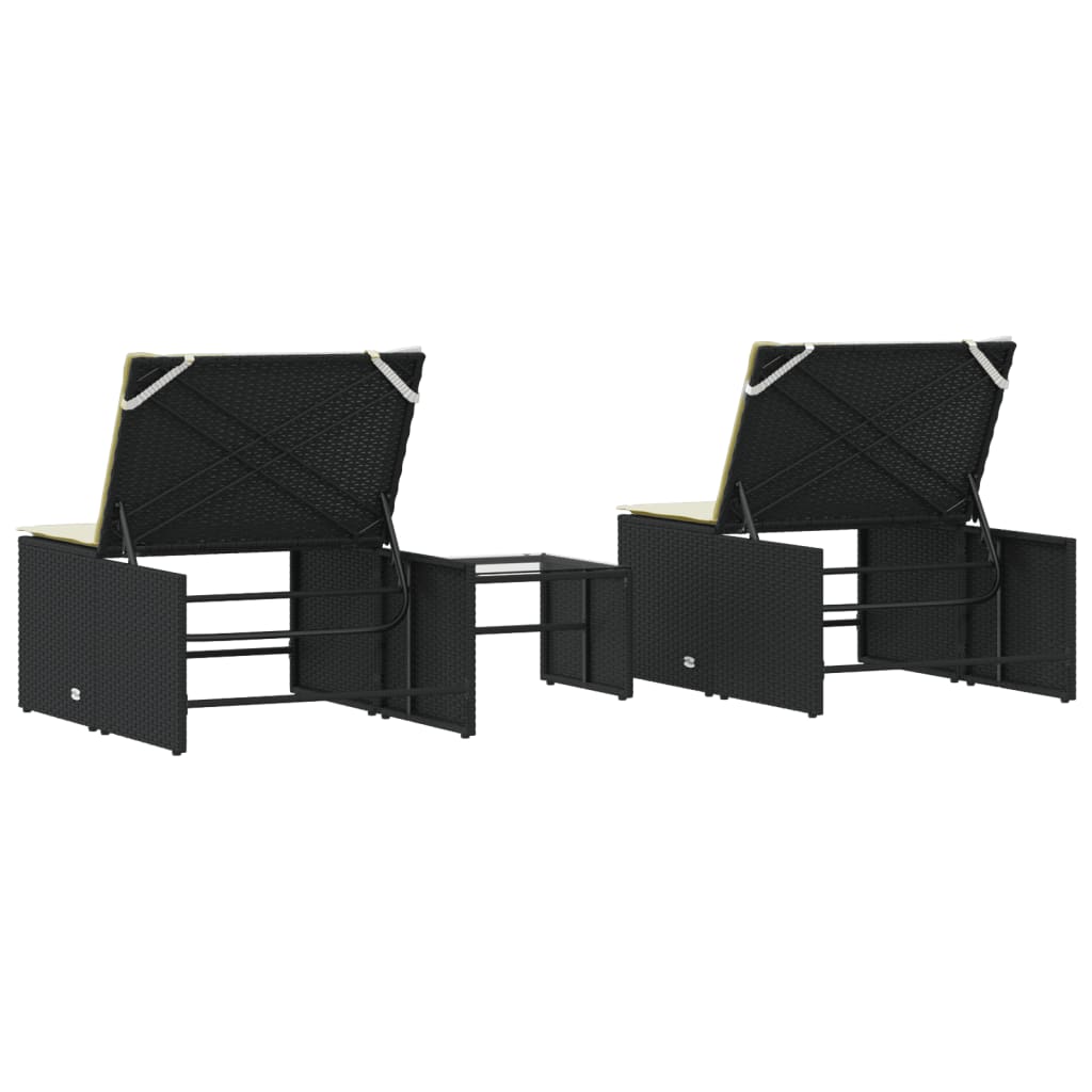 Sun loungers 2 pieces with table black poly rattan