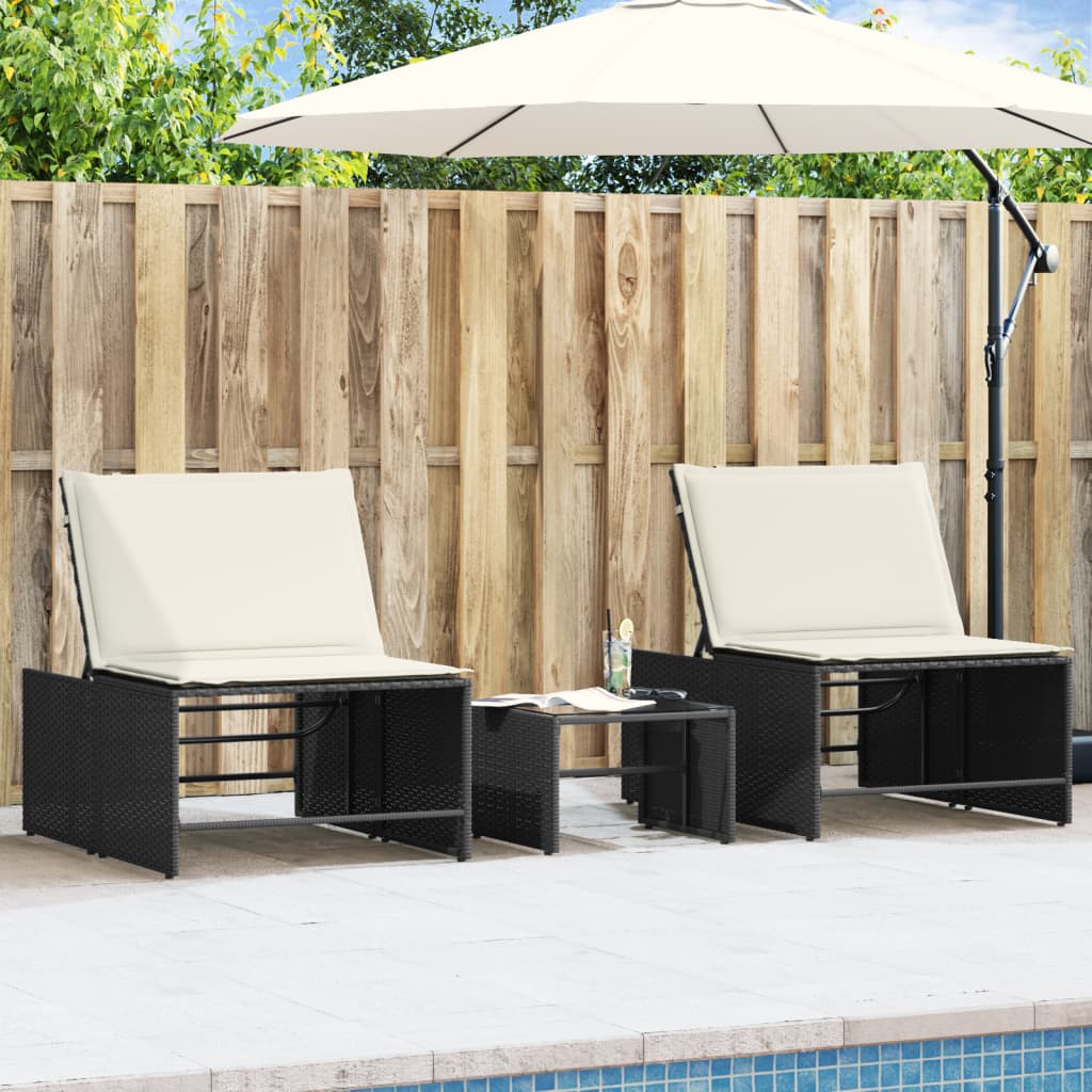 Sun loungers 2 pieces with table black poly rattan