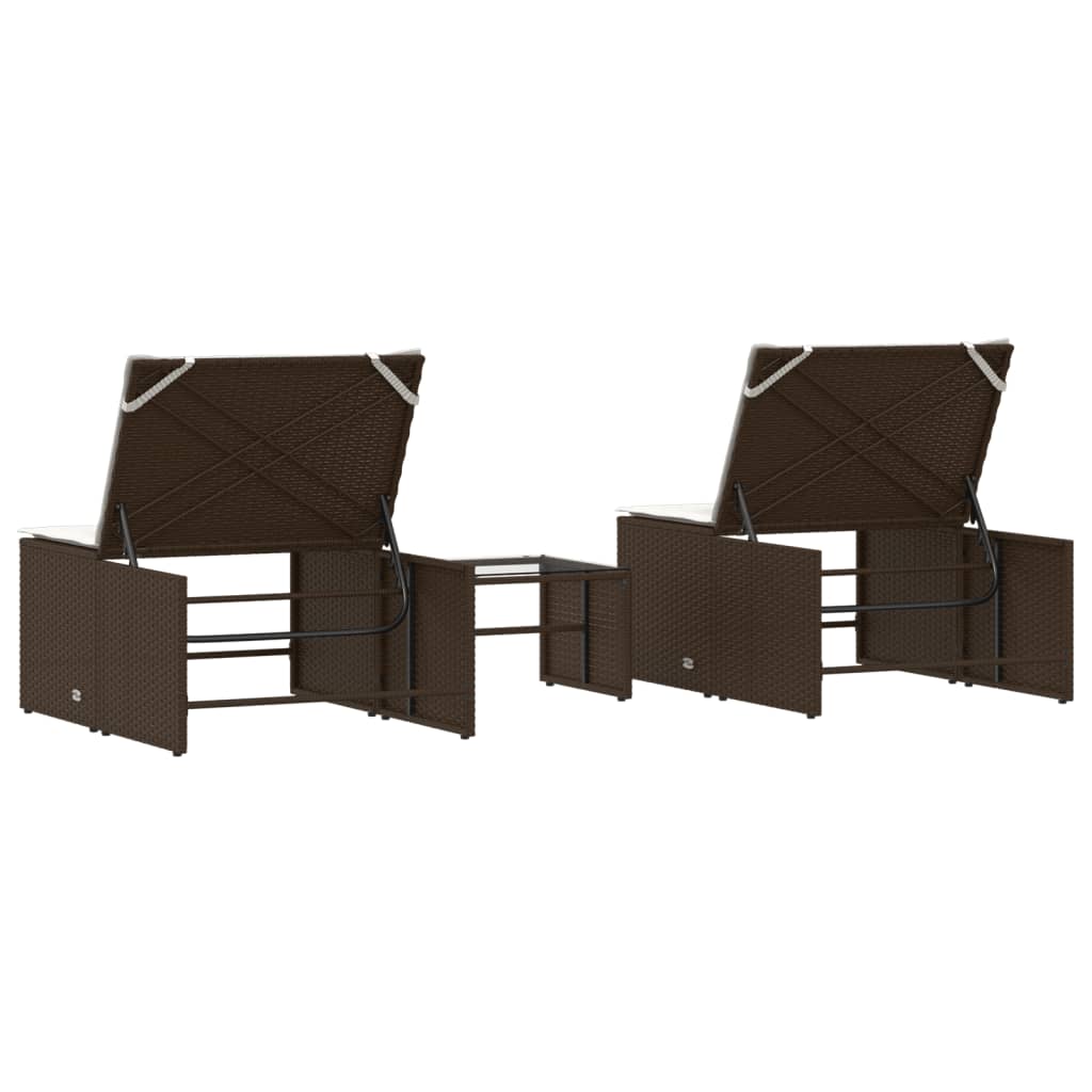 Chaises longues 2 pcs avec table en polyrotin marron