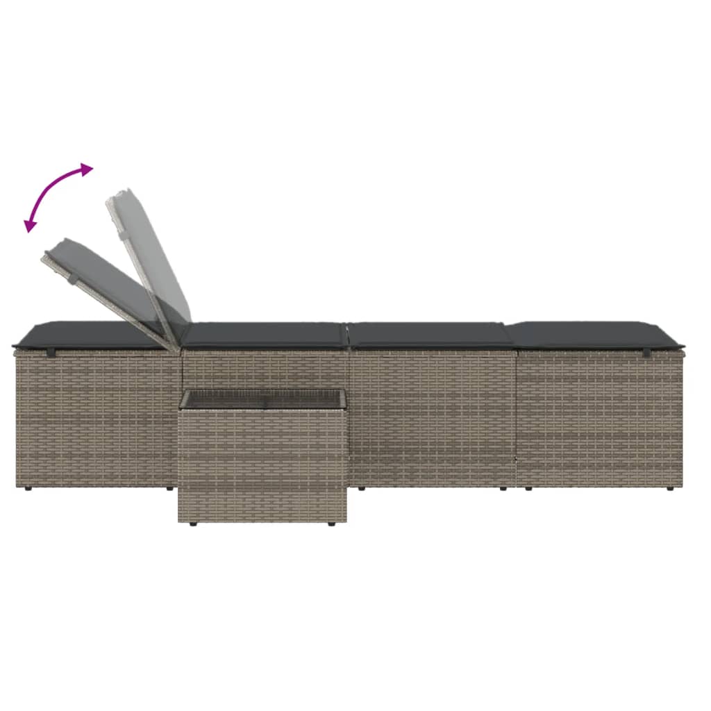 Chaises longues 2 pcs avec table en polyrotin gris