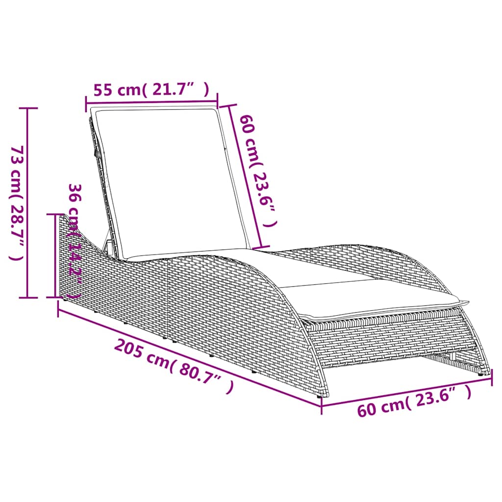 Sonnenliege mit Kissen Schwarz 60x205x73 cm Poly Rattan