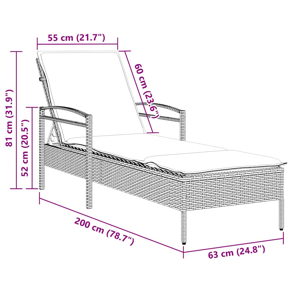Sonnenliege mit Kissen Grau 63 x 200 x 81 cm Poly Rattan