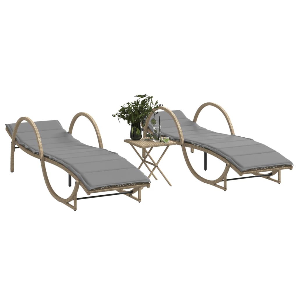 Sun loungers 2 pcs. with table beige poly rattan