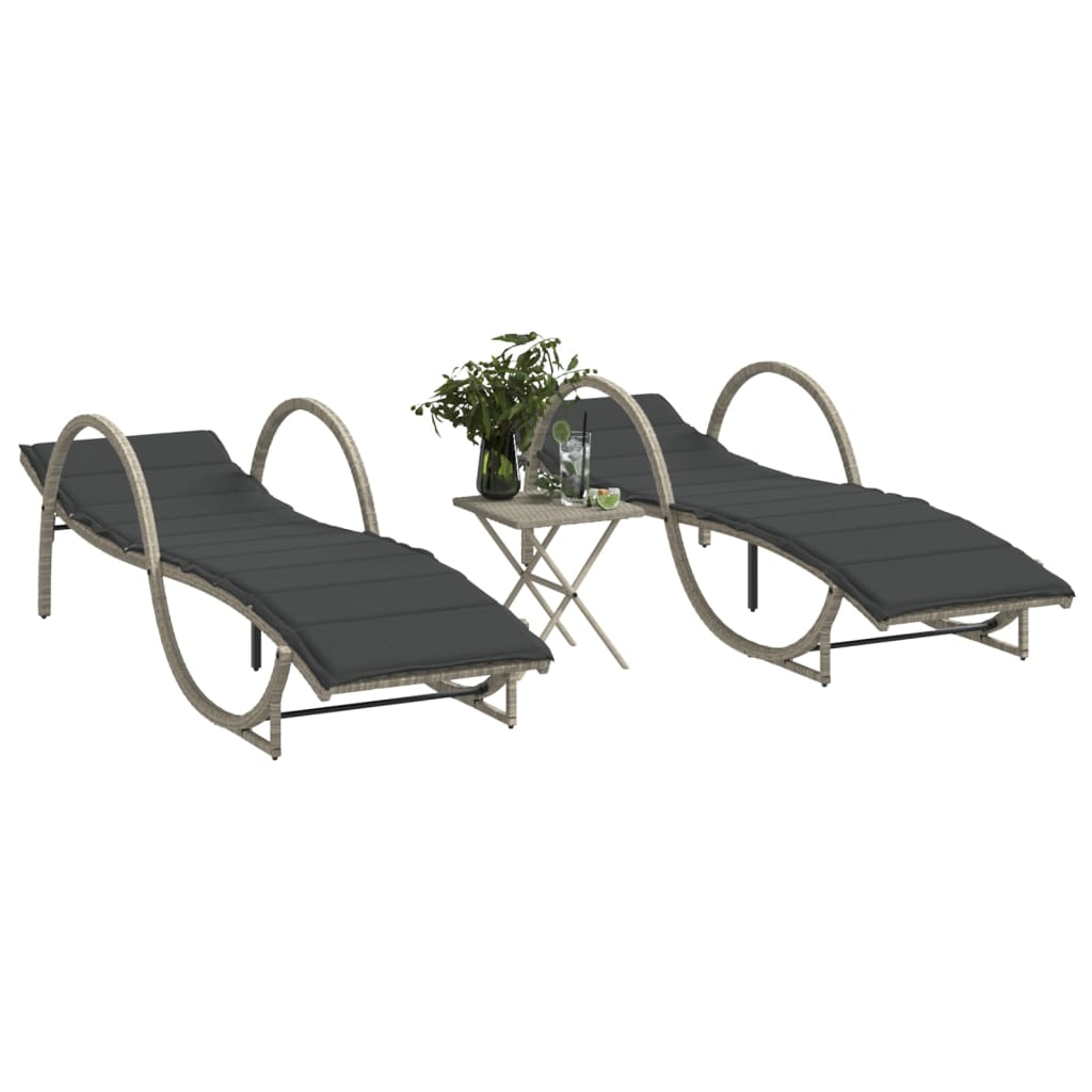 Sun loungers 2 pcs. with table light grey poly rattan