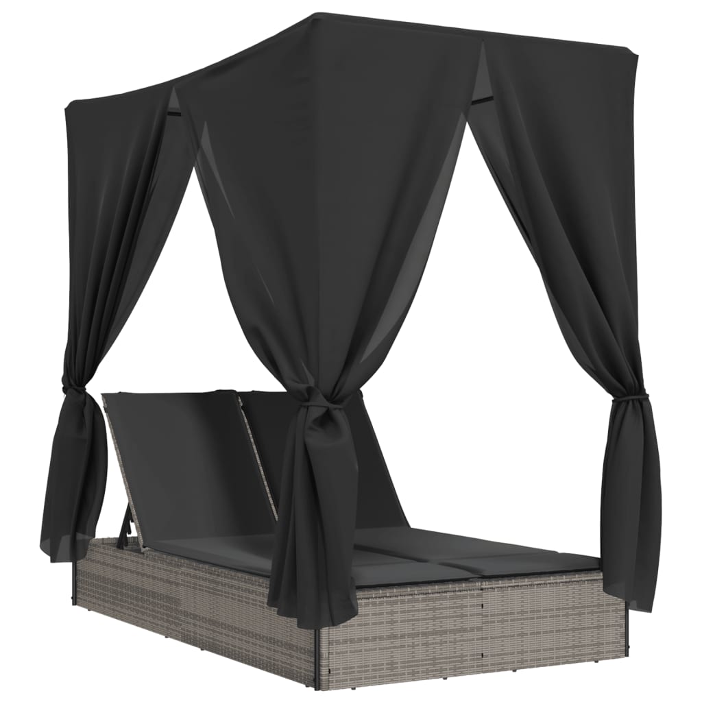 Double Sun Lounger with Roof and Curtains Grey Poly Rattan