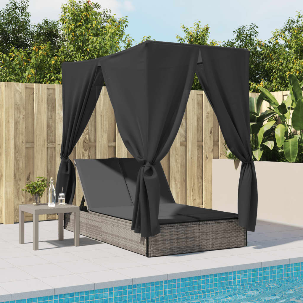 Double Sun Lounger with Roof and Curtains Grey Poly Rattan