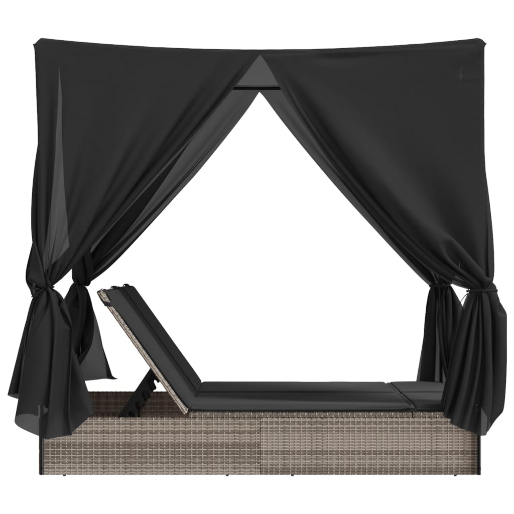 Double Sun Lounger with Roof and Curtains Grey Poly Rattan