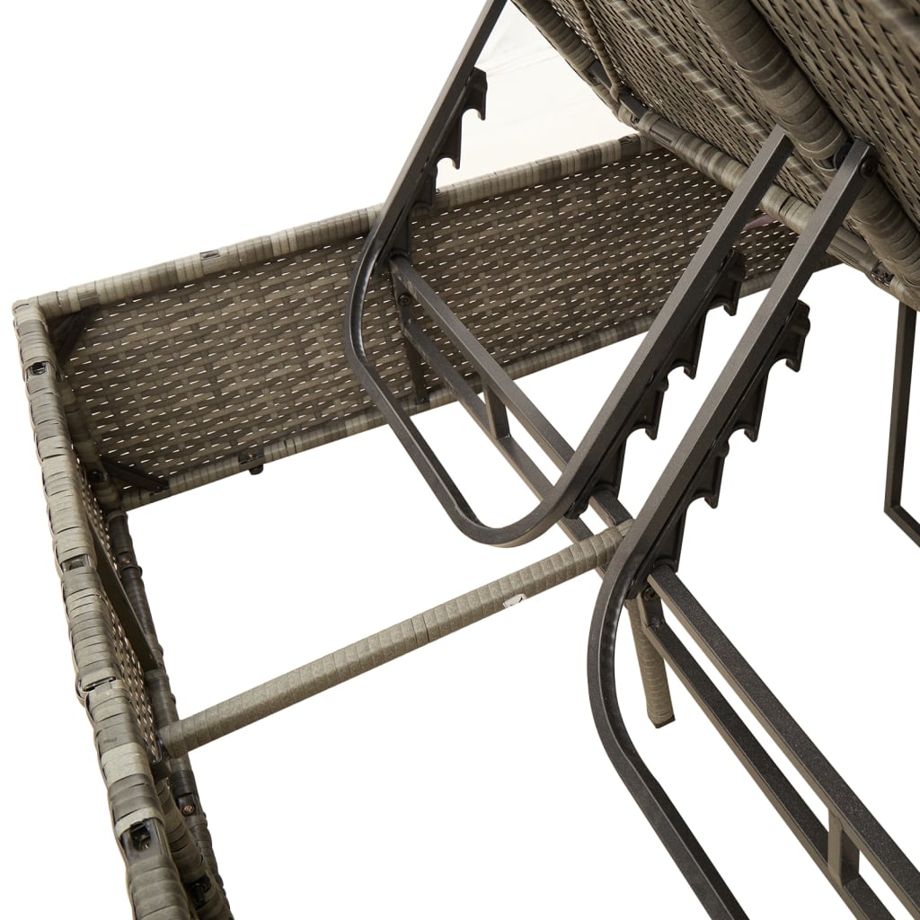 Double Sun Lounger with Roof and Curtains Grey Poly Rattan