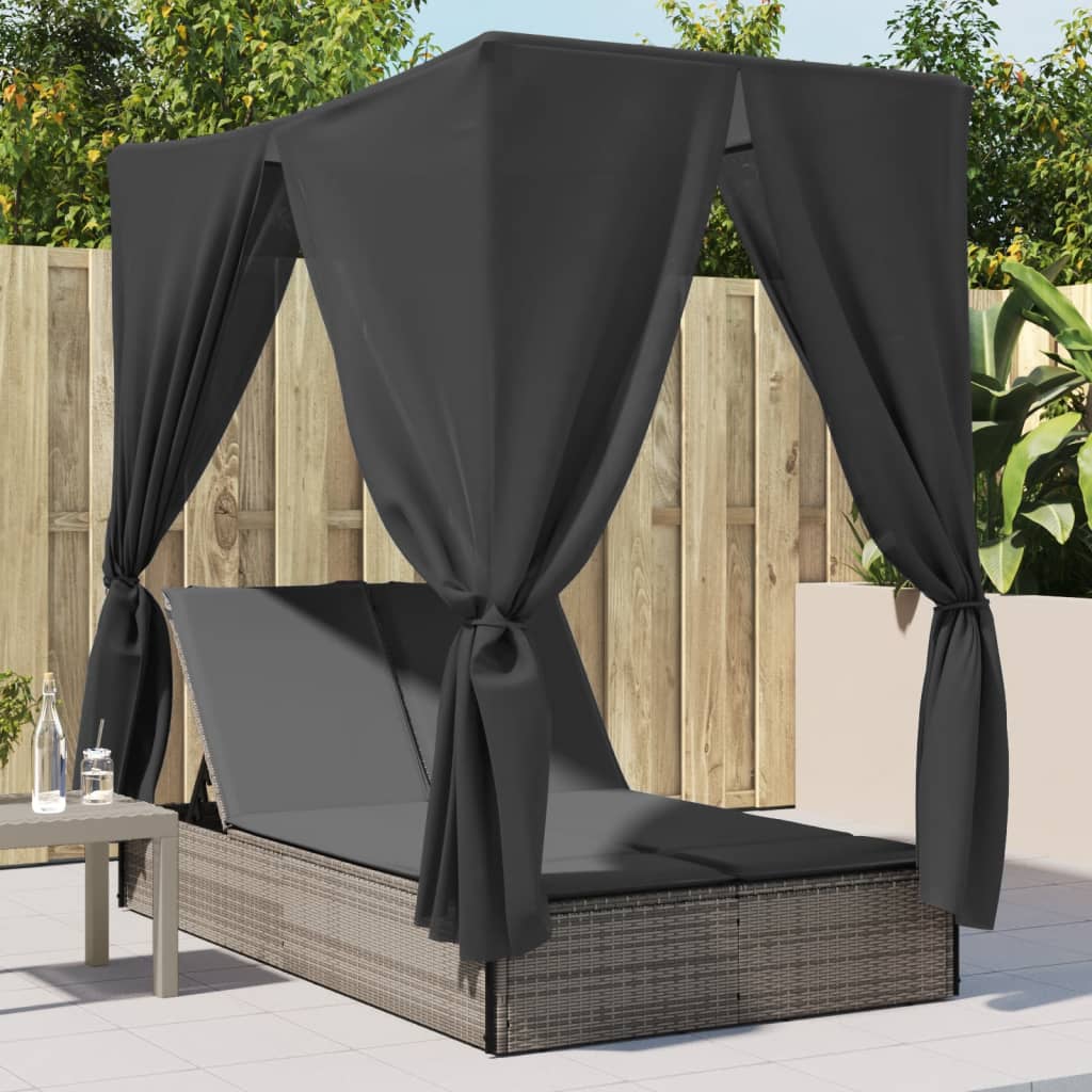 Double Sun Lounger with Roof and Curtains Grey Poly Rattan
