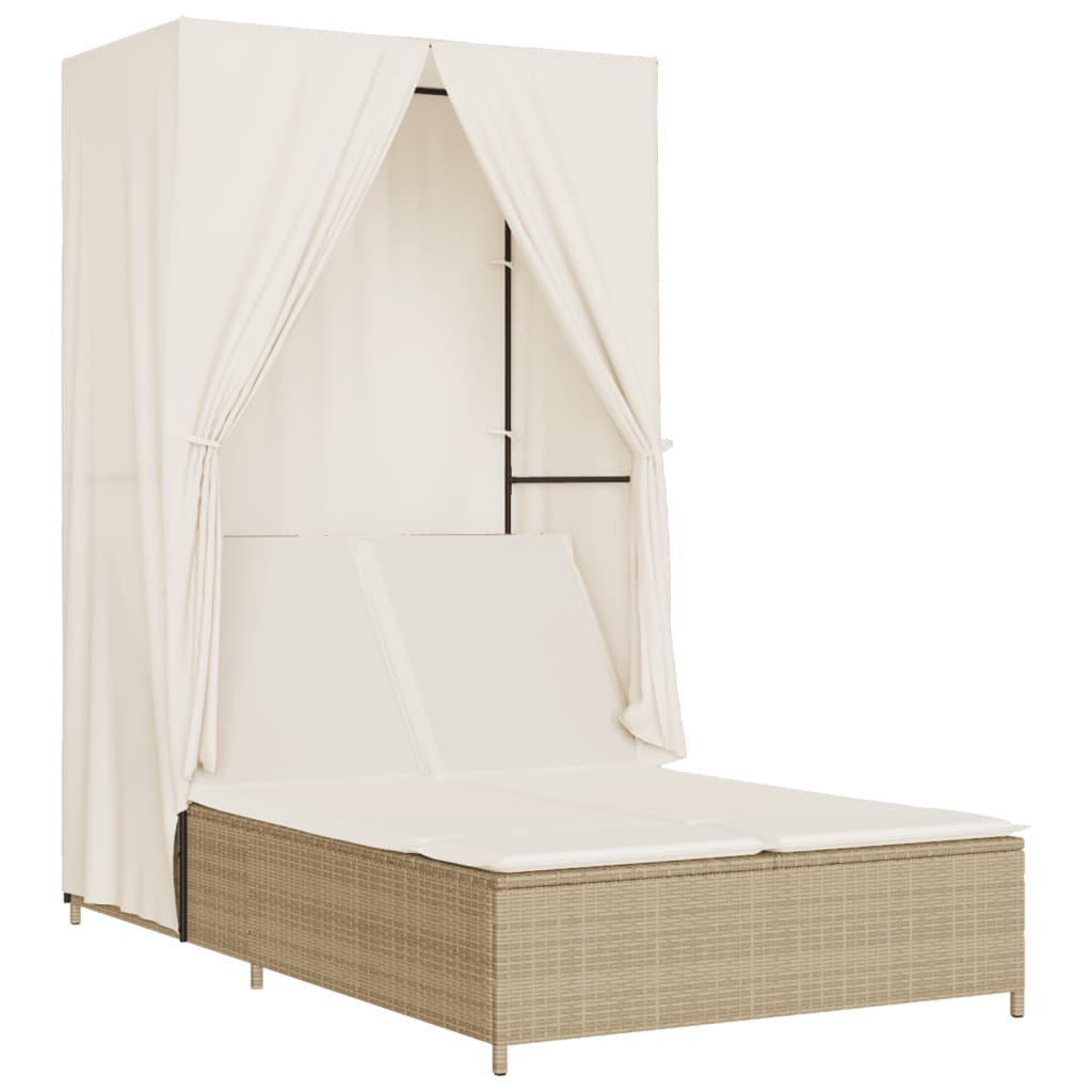 Double Sun Lounger with Roof and Curtains Beige Poly Rattan
