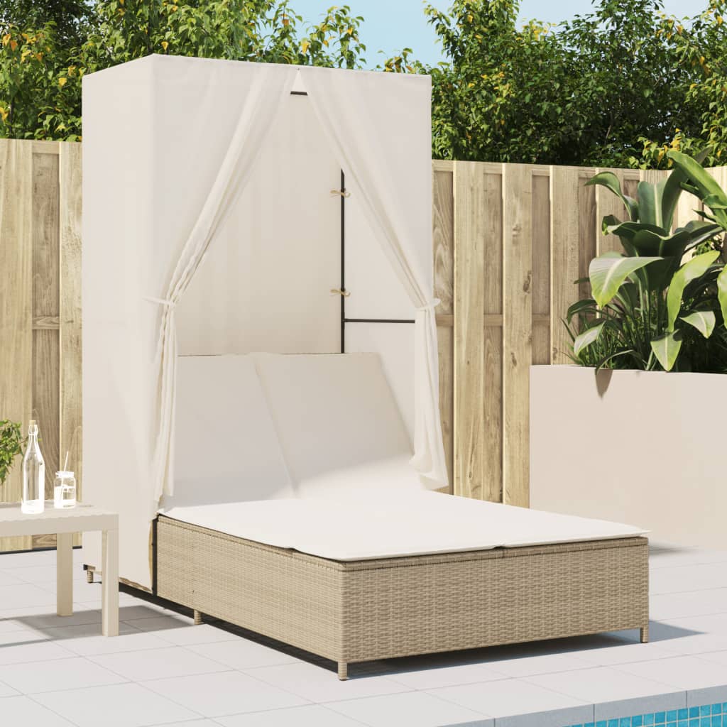 Double Sun Lounger with Roof and Curtains Beige Poly Rattan