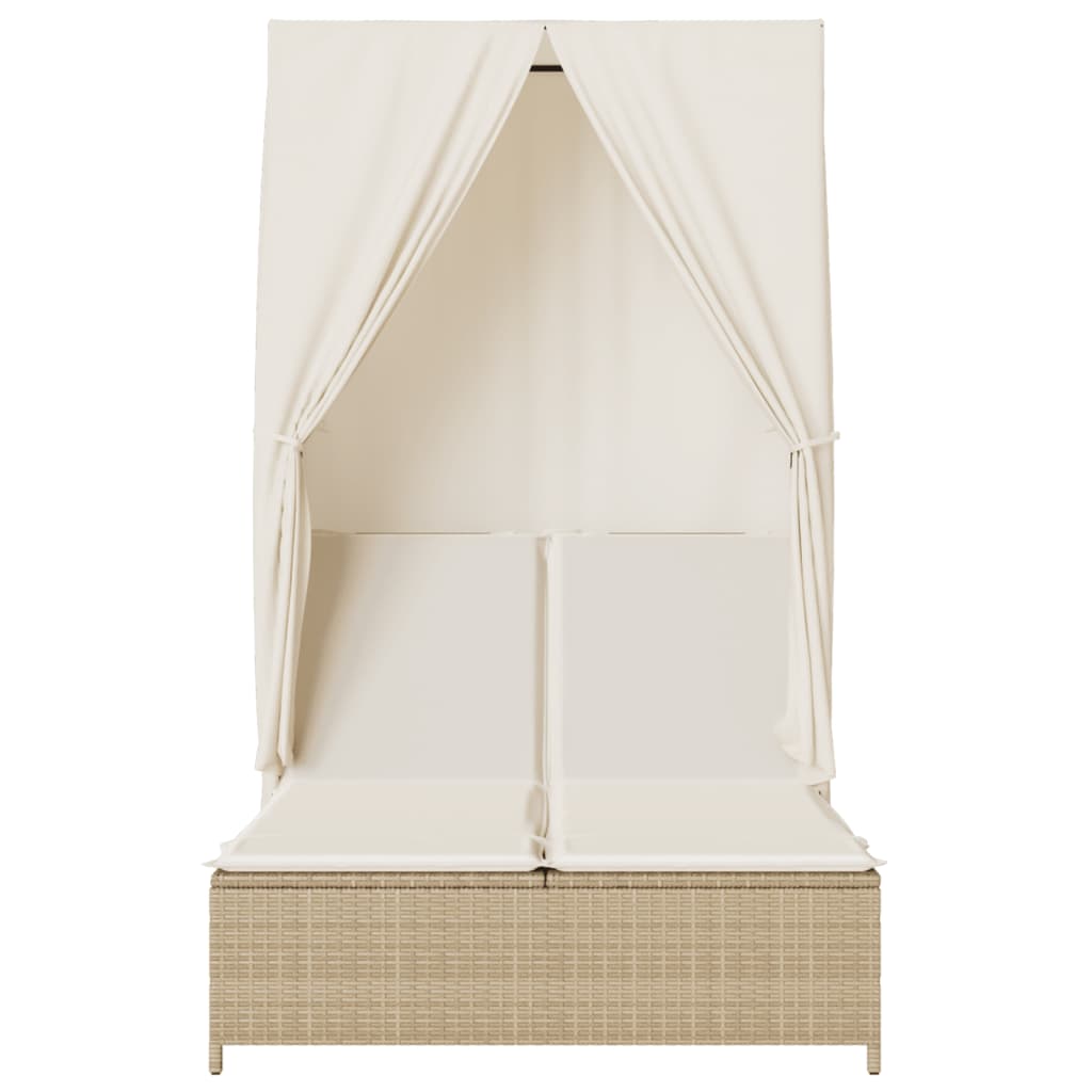Double Sun Lounger with Roof and Curtains Beige Poly Rattan