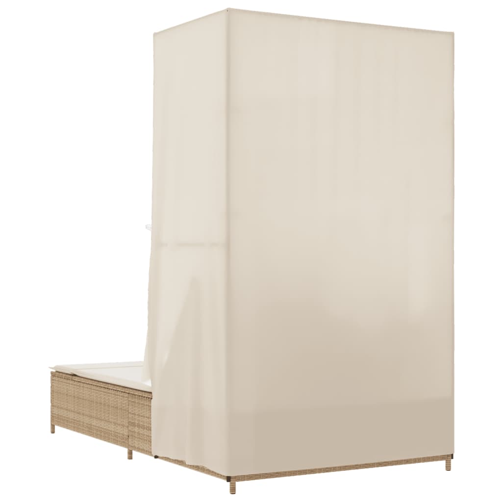 Double Sun Lounger with Roof and Curtains Beige Poly Rattan