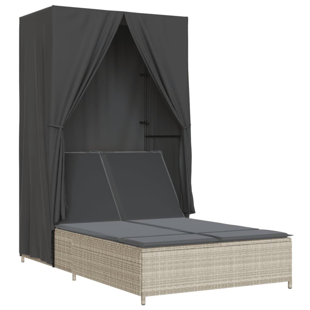 Bain de soleil double avec toit et rideaux en polyrotin gris clair