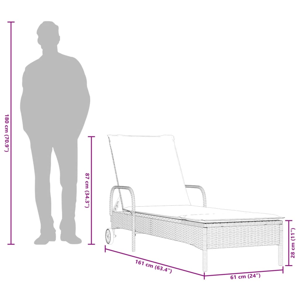 Bain de soleil à roulettes et coussin en polyrotin marron