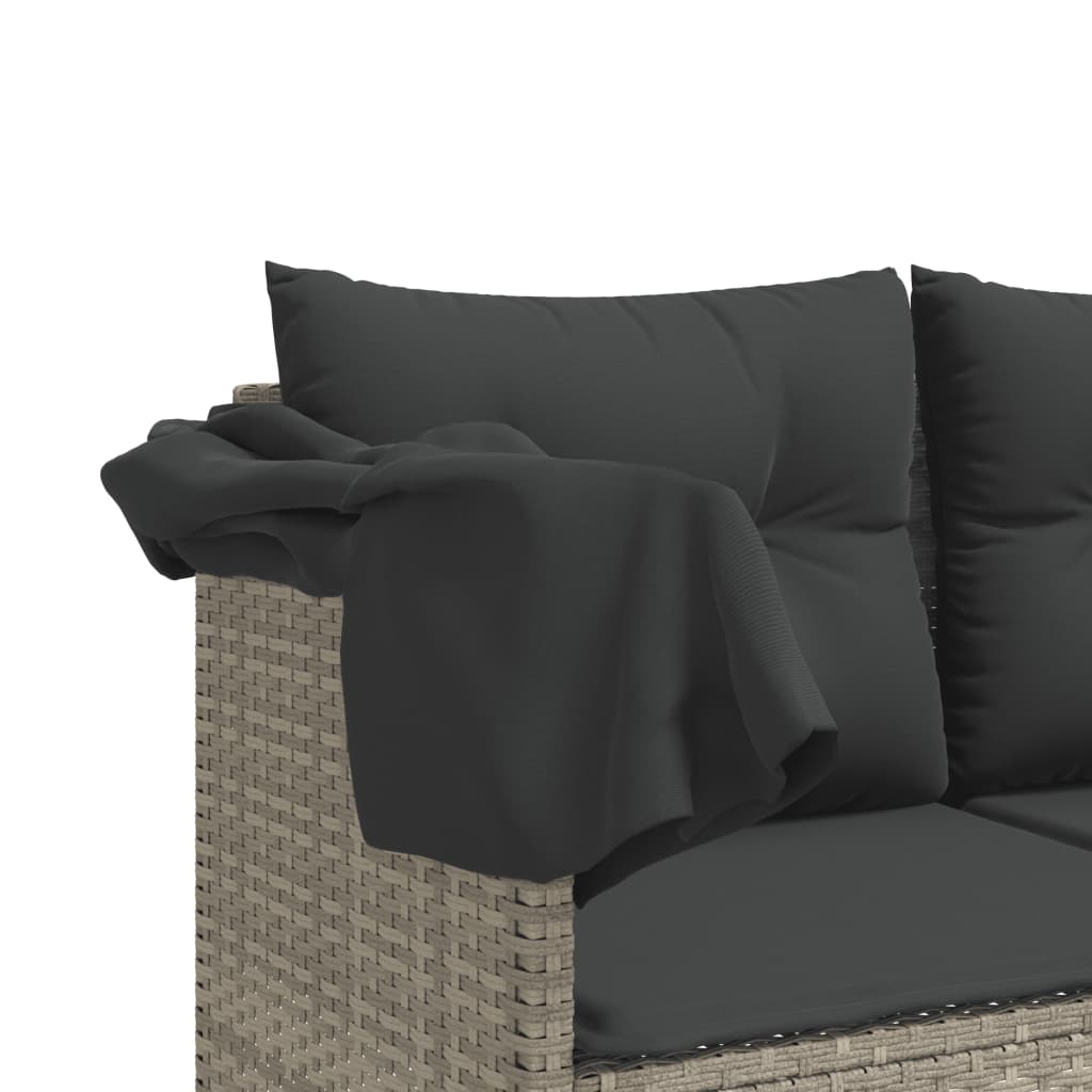 Sun lounger with roof and cushions light grey poly rattan