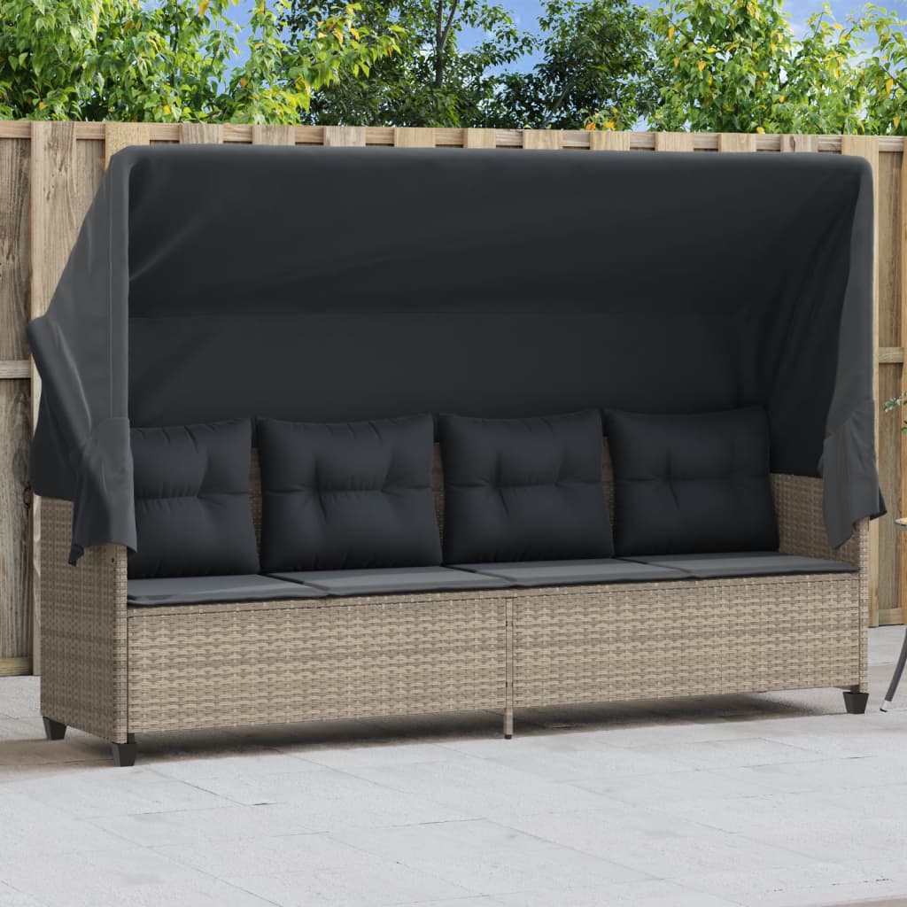 Sun lounger with roof and cushions light grey poly rattan