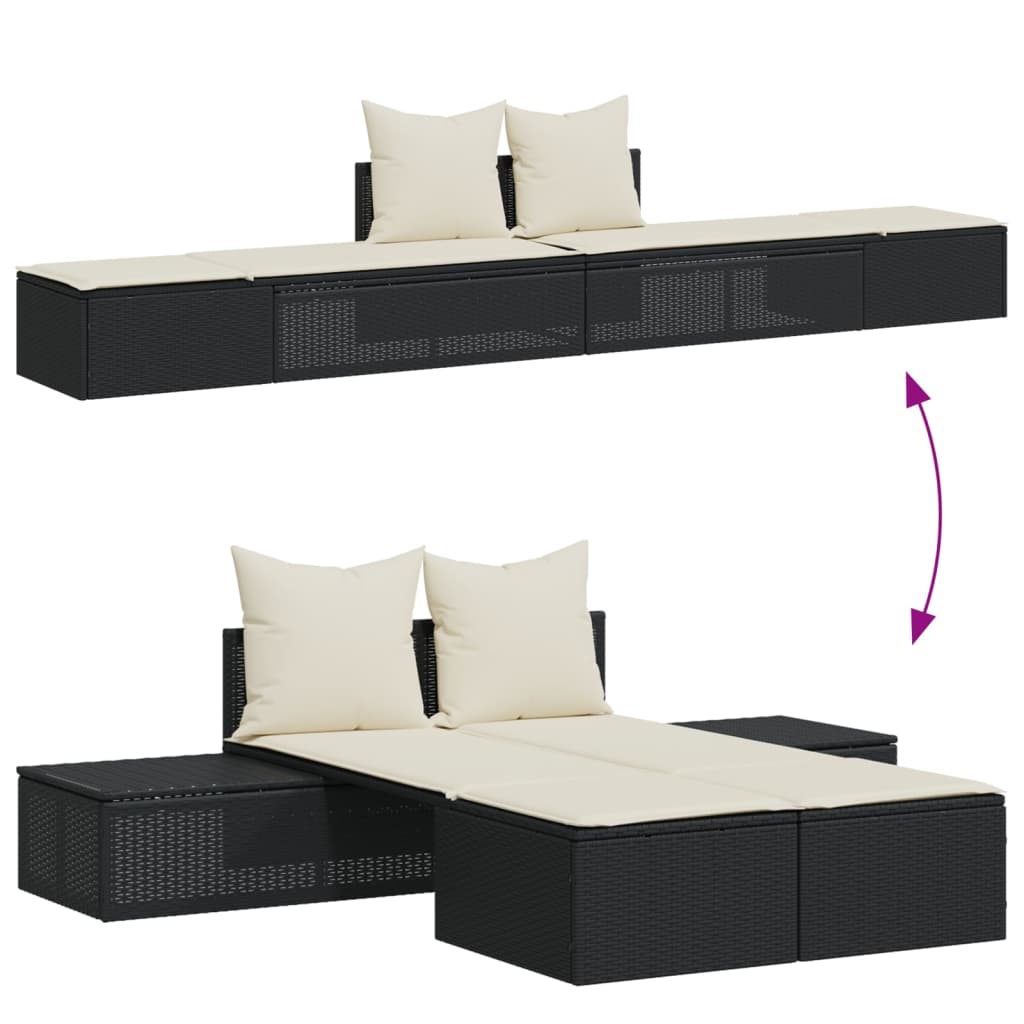 Bain de soleil double avec coussin en polyrotin noir