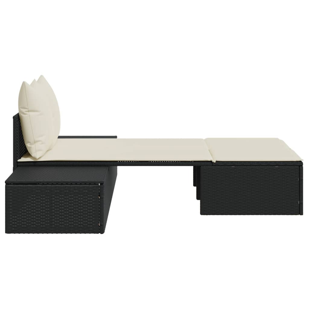 Bain de soleil double avec coussin en polyrotin noir
