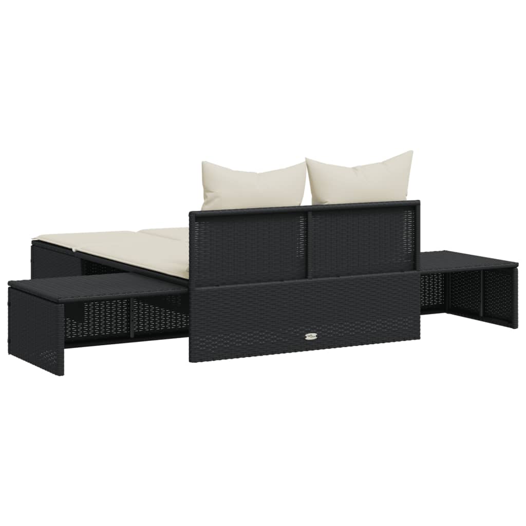 Bain de soleil double avec coussin en polyrotin noir