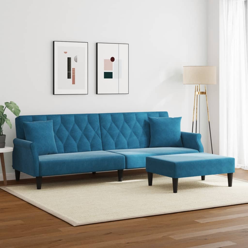 Schlafsofa 2-Sitzer mit Kissen und Fußhocker Blau Samt