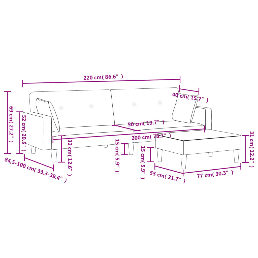 Canapé convertible 2 places avec repose-pieds en tissu noir