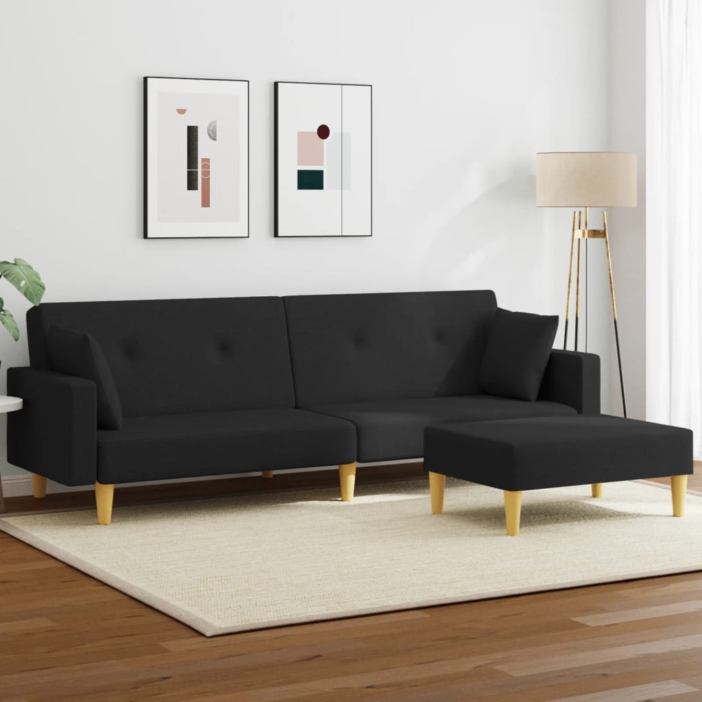 Canapé convertible 2 places avec repose-pieds en tissu noir