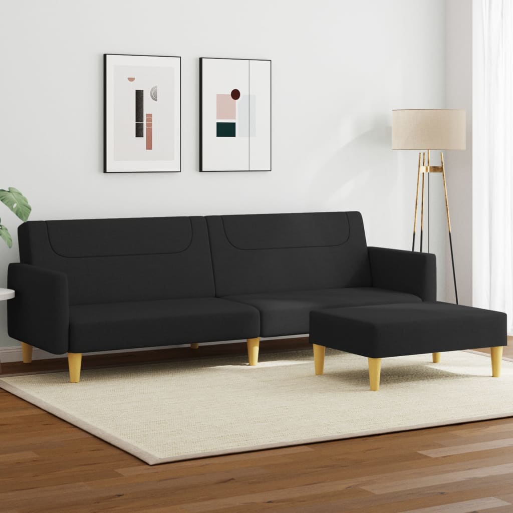 2-seater sofa bed with footstool black fabric
