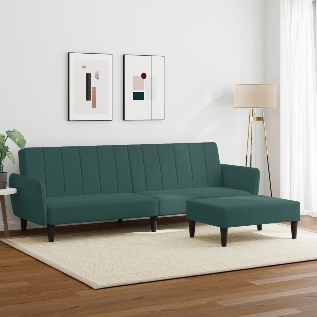 2-seater sofa bed with footstool dark green velvet